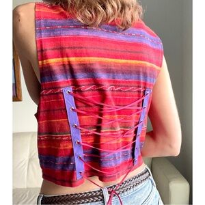 Vintage Upcycled Red Striped Vest Back Corset Boho Women’s L/XL